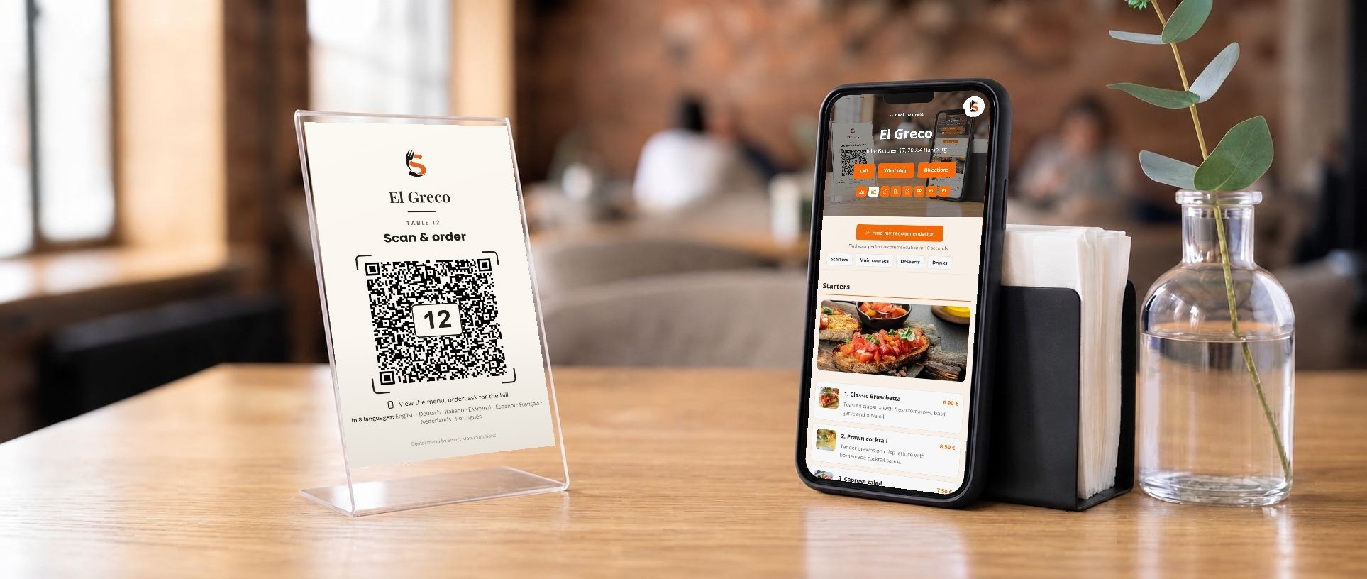 El Greco table card with the QR code for table 12, next to the El Greco menu on a smartphone